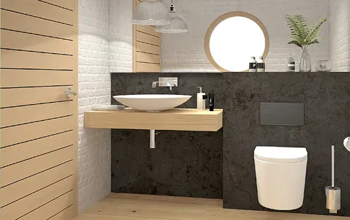 Badentwurf mit Holz, Naturstein und rundem Spiegel